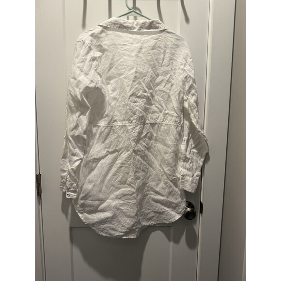 Women’s Cynthia Rowley White Linen Blouse Tunic Roll Tab Sleeve Medium Light - Picture 5 of 5